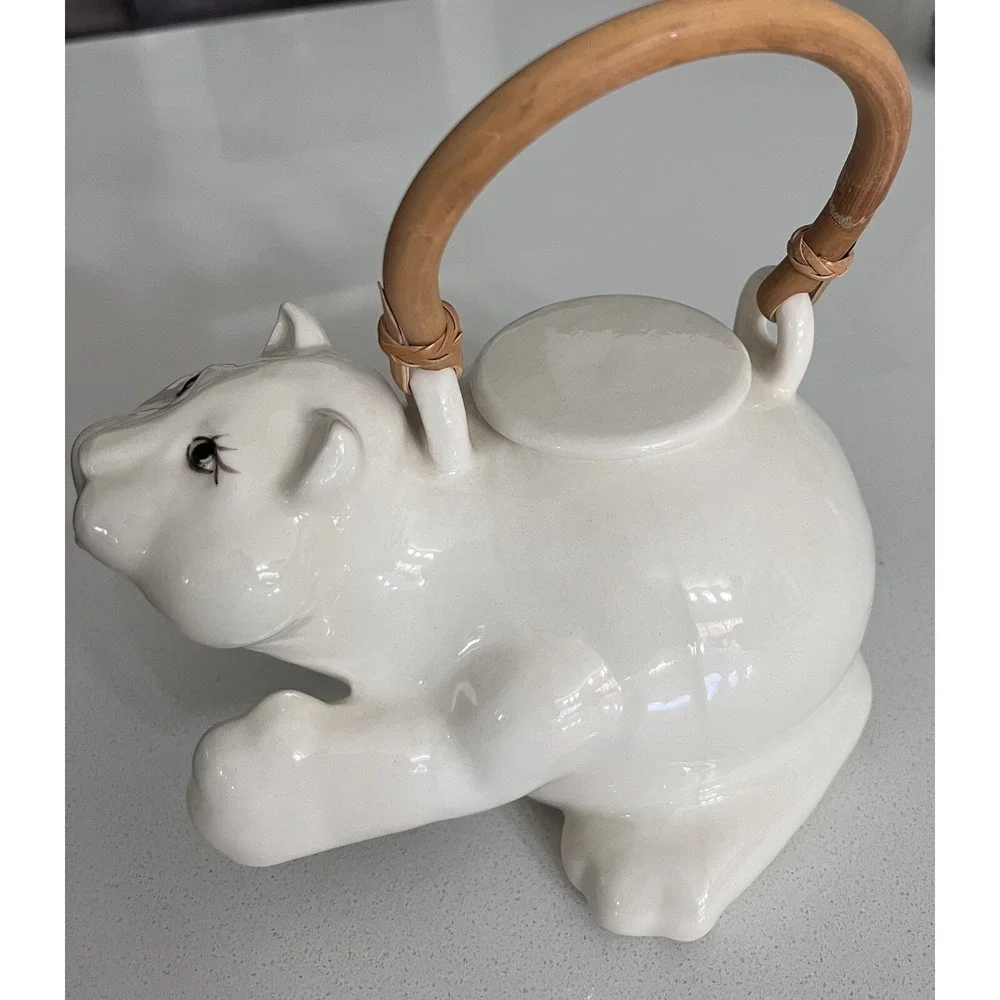 Vtg 1980s Glazed Cream Cat Tea Pot With Bamboo Handle